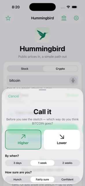 The Call it screen: predict Higher or Lower for Bitcoin, choose a 3-day, 1-week or 2-week window, and how sure you are — before the sketch