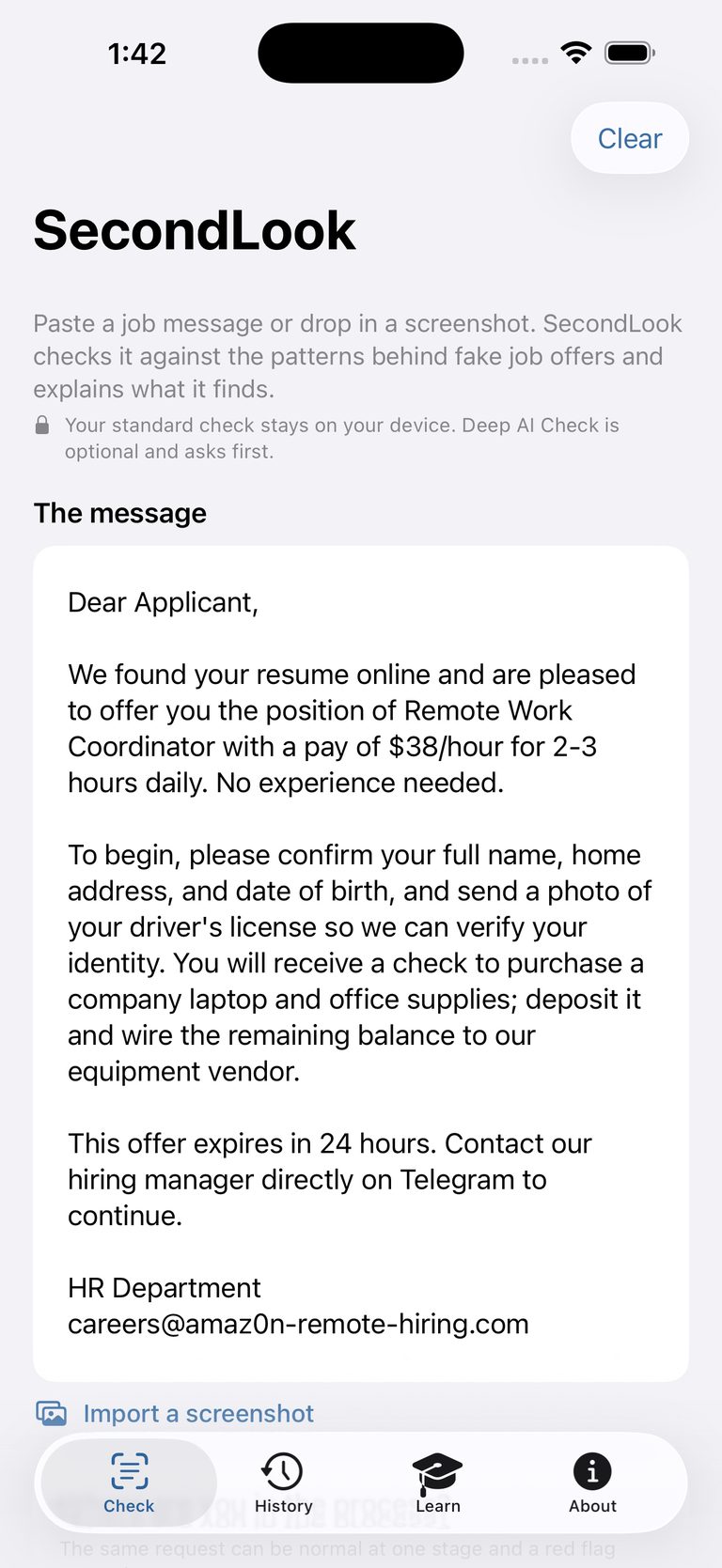 The Check screen with a suspicious recruiter message pasted in — a Remote Work Coordinator offer paying $38 an hour for 2 to 3 hours a day, asking for ID and a date of birth and to deposit a check and wire the balance to a vendor