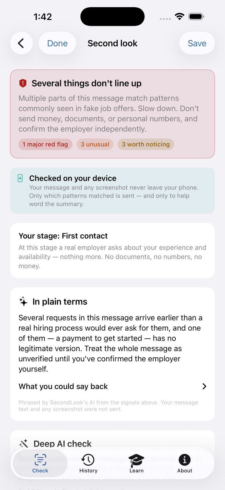 The report: a red banner reading Several things don't line up, tallies of 1 major red flag, 3 unusual, 3 worth noticing, a Checked on your device note, a first-contact stage note, and a plain-language summary